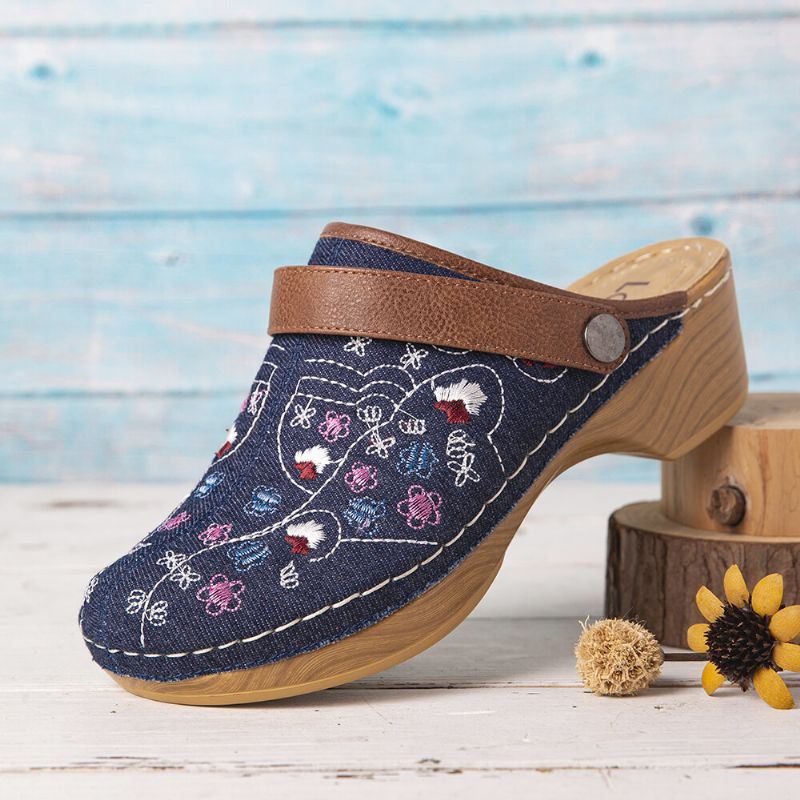 Dames Denim Bloemen Borduurwerk Gesloten Teen Klompen Sandalen