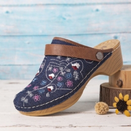 Dames Denim Bloemen Borduurwerk Gesloten Teen Klompen Sandalen