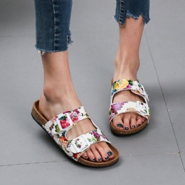 Dames Dubbele Gesp Bloemen Patroon Band Kurk Voetbed Slide Sandalen