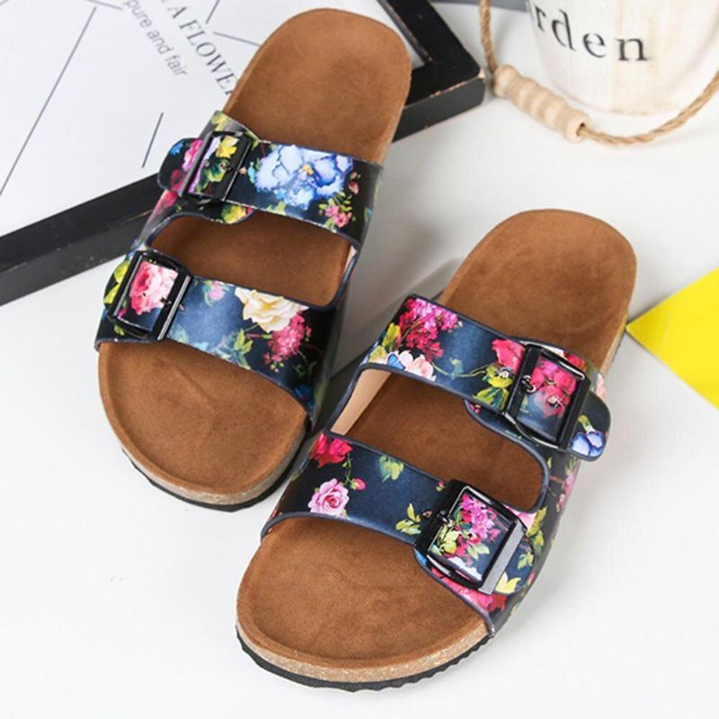 Dames Dubbele Gesp Bloemen Patroon Band Kurk Voetbed Slide Sandalen