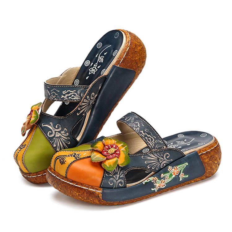 Dames Echt Leer Bloem Decoratie Backless Kleurrijke Hollow Out Wedge Sandalen