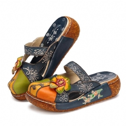 Dames Echt Leer Bloem Decoratie Backless Kleurrijke Hollow Out Wedge Sandalen