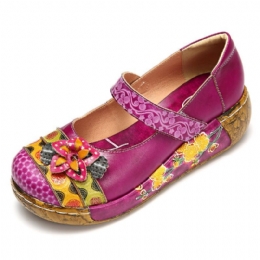 Dames Echt Leer Folkways Vintage Bloemen Klittenband Zomer Platform Wedge Sandalen