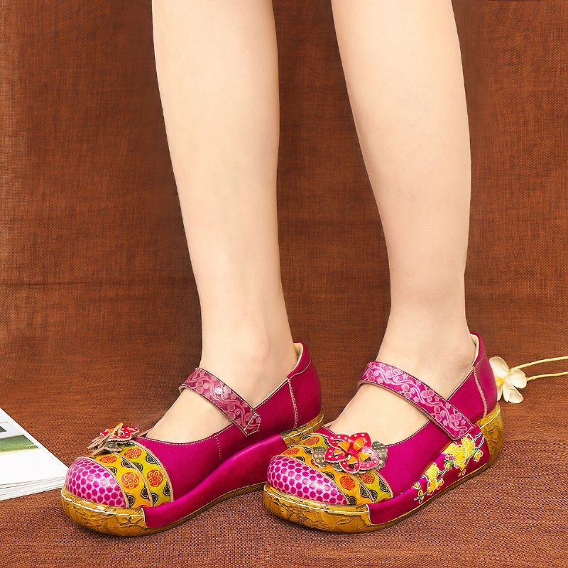 Dames Echt Leer Folkways Vintage Bloemen Klittenband Zomer Platform Wedge Sandalen