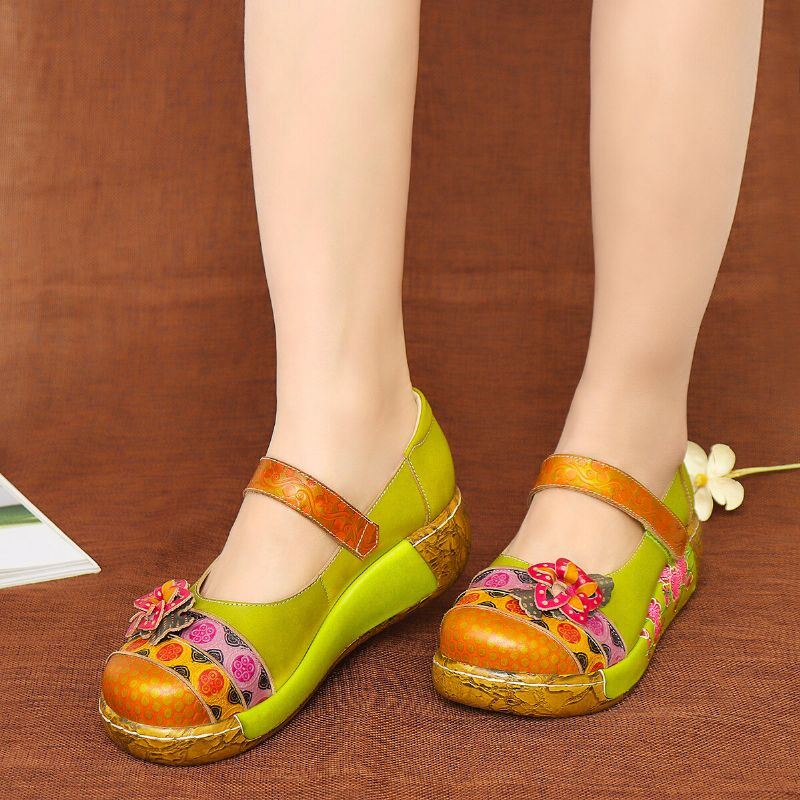 Dames Echt Leer Folkways Vintage Bloemen Klittenband Zomer Platform Wedge Sandalen