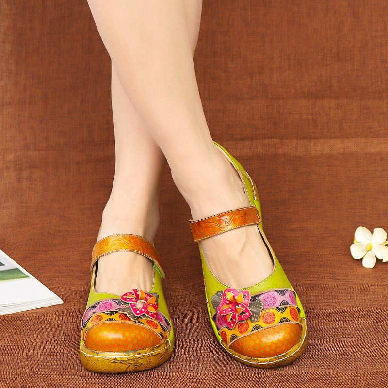 Dames Echt Leer Folkways Vintage Bloemen Klittenband Zomer Platform Wedge Sandalen