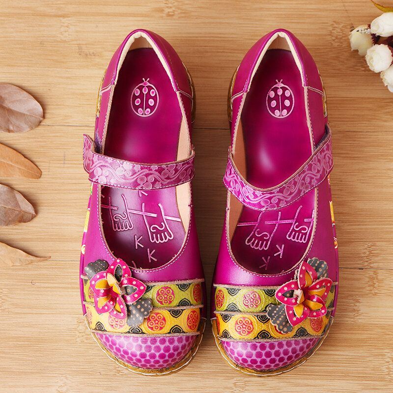 Dames Echt Leer Folkways Vintage Bloemen Klittenband Zomer Platform Wedge Sandalen