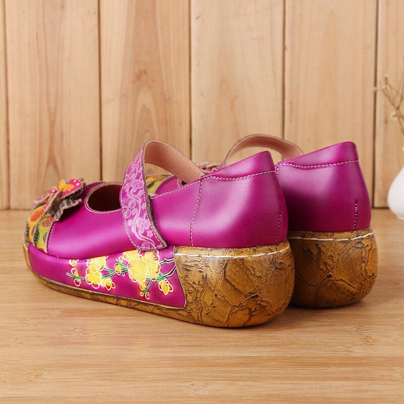 Dames Echt Leer Folkways Vintage Bloemen Klittenband Zomer Platform Wedge Sandalen