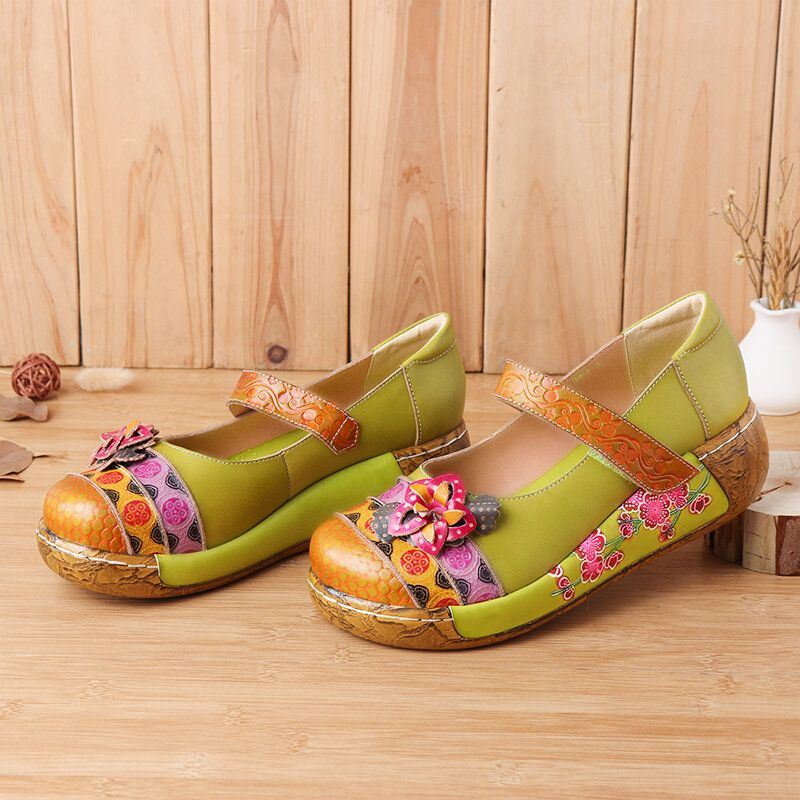 Dames Echt Leer Folkways Vintage Bloemen Klittenband Zomer Platform Wedge Sandalen