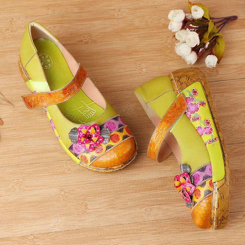 Dames Echt Leer Folkways Vintage Bloemen Klittenband Zomer Platform Wedge Sandalen