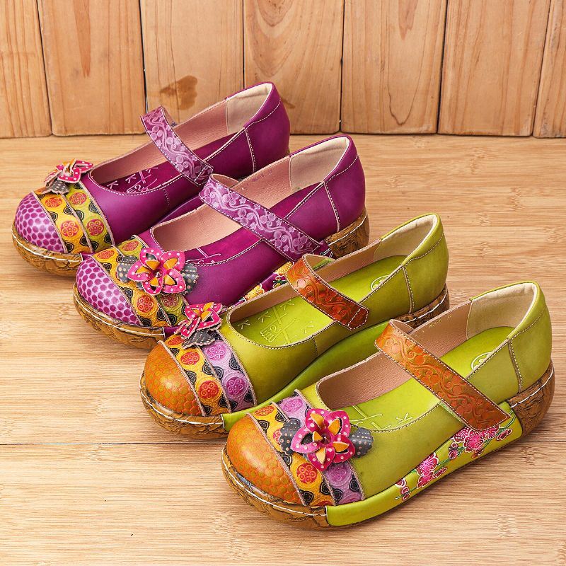 Dames Echt Leer Folkways Vintage Bloemen Klittenband Zomer Platform Wedge Sandalen