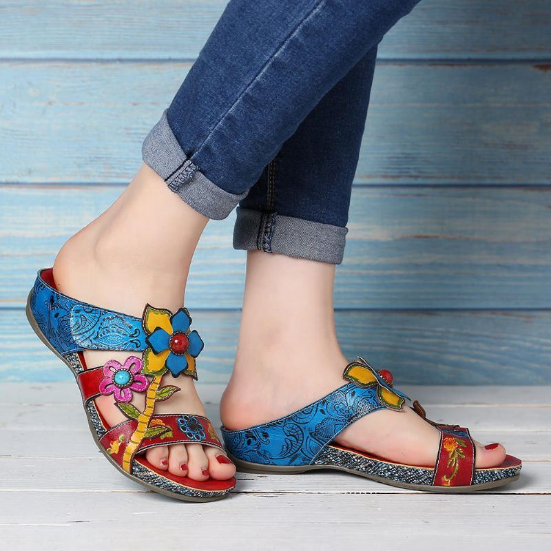 Dames Echt Leer Handgemaakte Stiksels Bloemen Wedge Sandalen