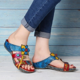 Dames Echt Leer Handgemaakte Stiksels Bloemen Wedge Sandalen