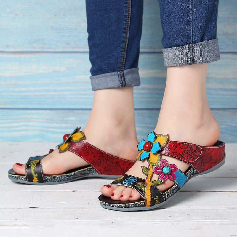 Dames Echt Leer Handgemaakte Stiksels Bloemen Wedge Sandalen