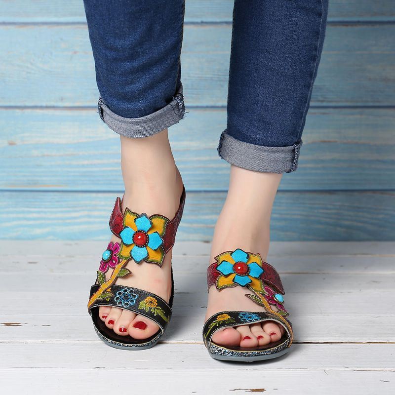 Dames Echt Leer Handgemaakte Stiksels Bloemen Wedge Sandalen