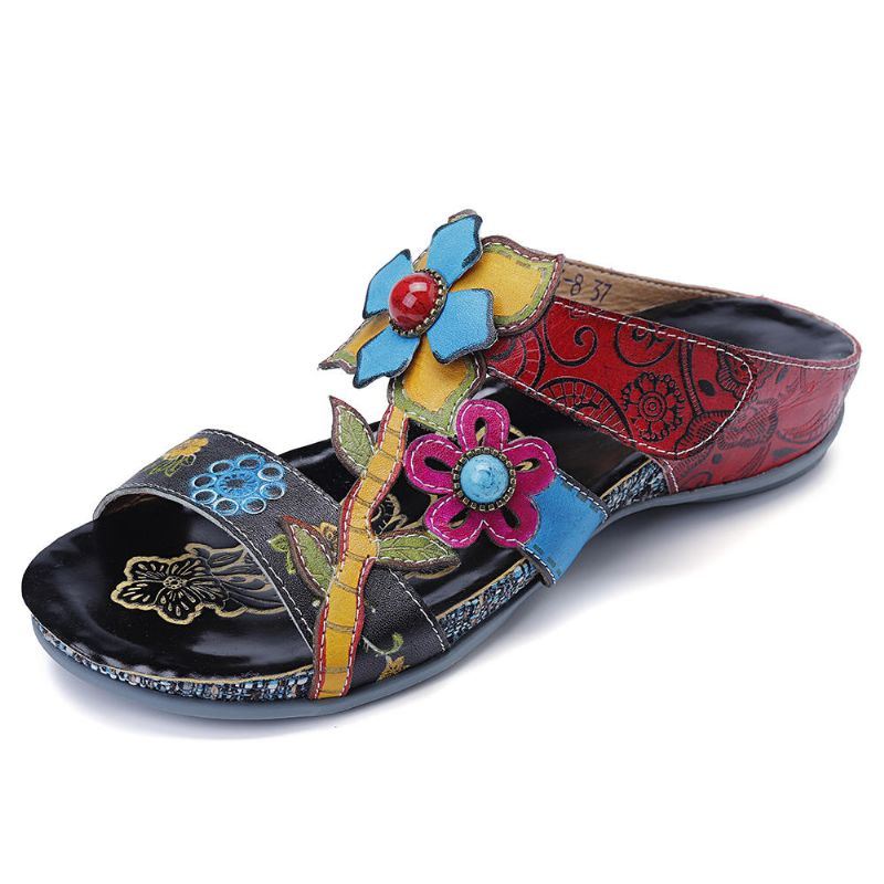 Dames Echt Leer Handgemaakte Stiksels Bloemen Wedge Sandalen