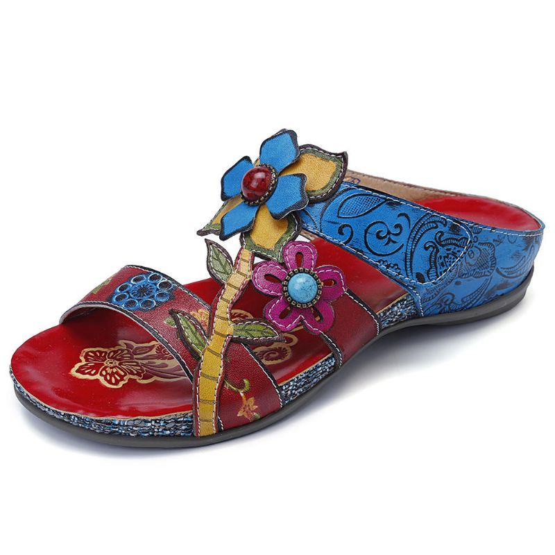 Dames Echt Leer Handgemaakte Stiksels Bloemen Wedge Sandalen