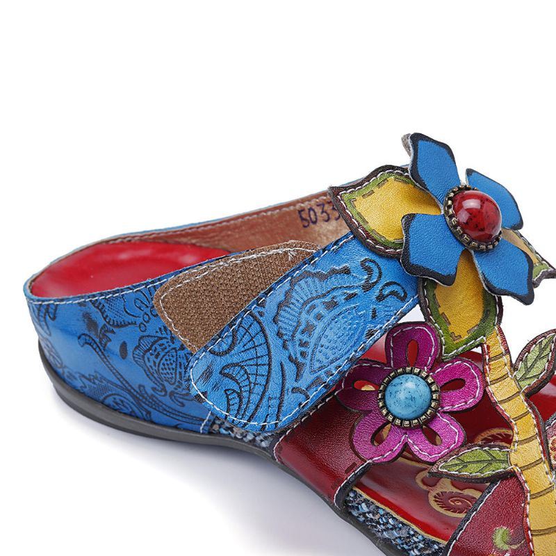 Dames Echt Leer Handgemaakte Stiksels Bloemen Wedge Sandalen