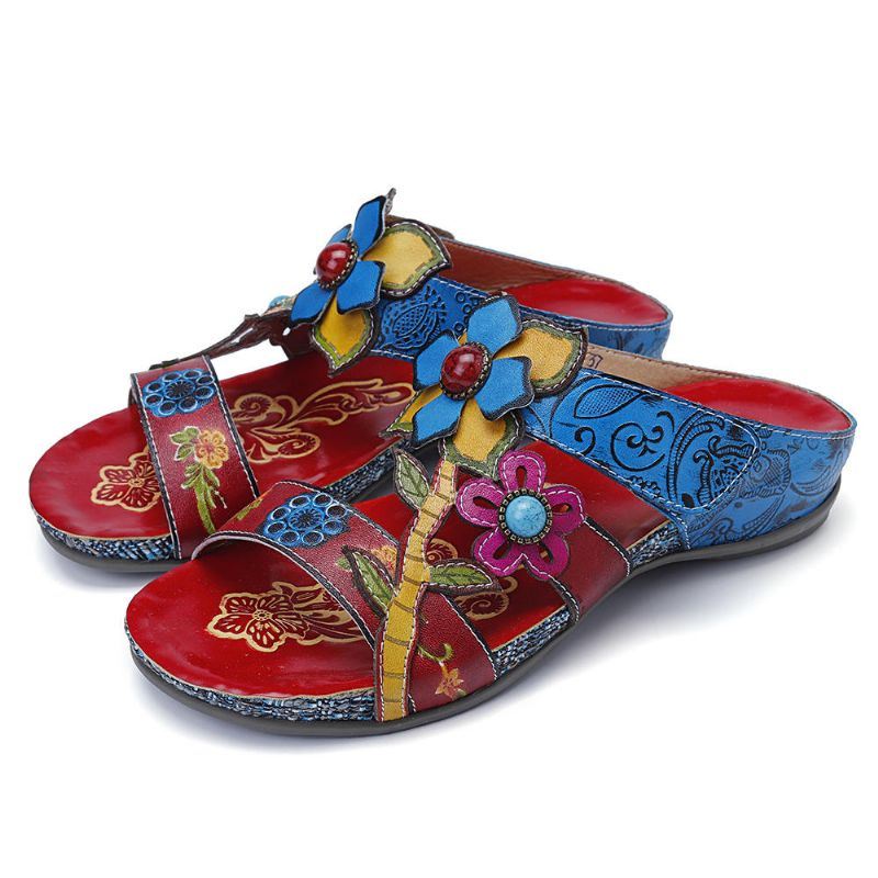 Dames Echt Leer Handgemaakte Stiksels Bloemen Wedge Sandalen