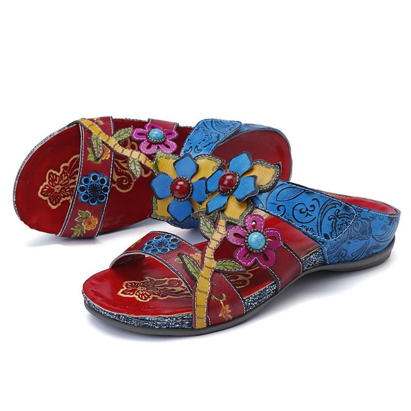 Dames Echt Leer Handgemaakte Stiksels Bloemen Wedge Sandalen