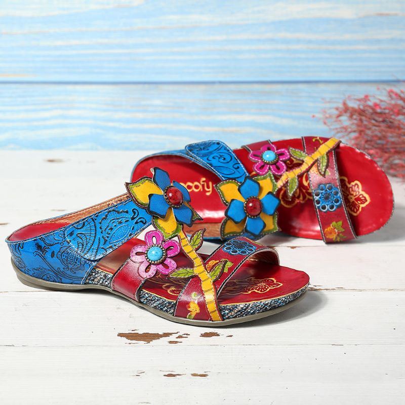 Dames Echt Leer Handgemaakte Stiksels Bloemen Wedge Sandalen