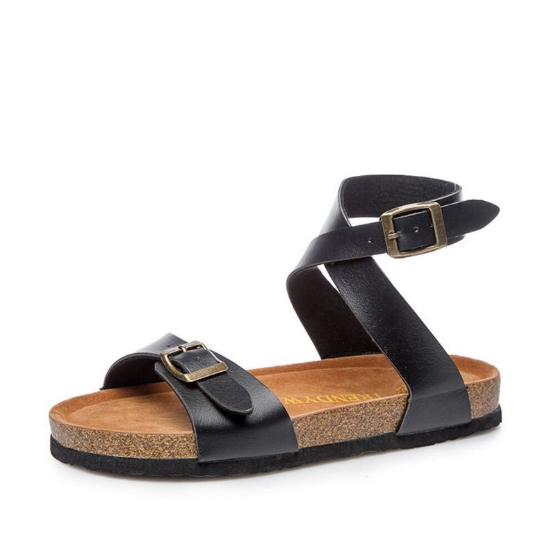 Dames Effen Kleur Cross Buckle Strap Soft Cork Sandals