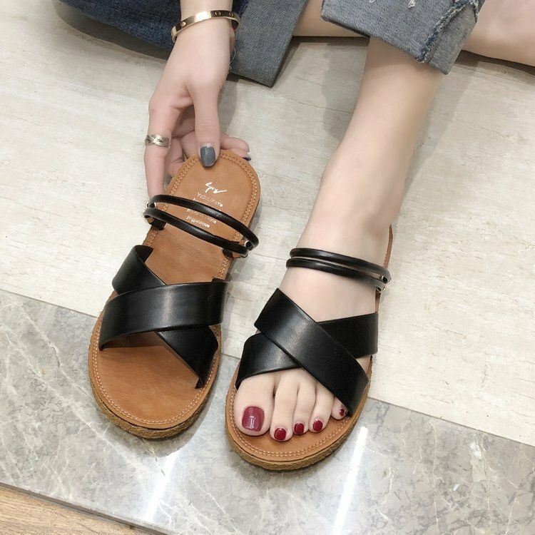 Dames Effen Kleur Cross Strap Flats Sandalen