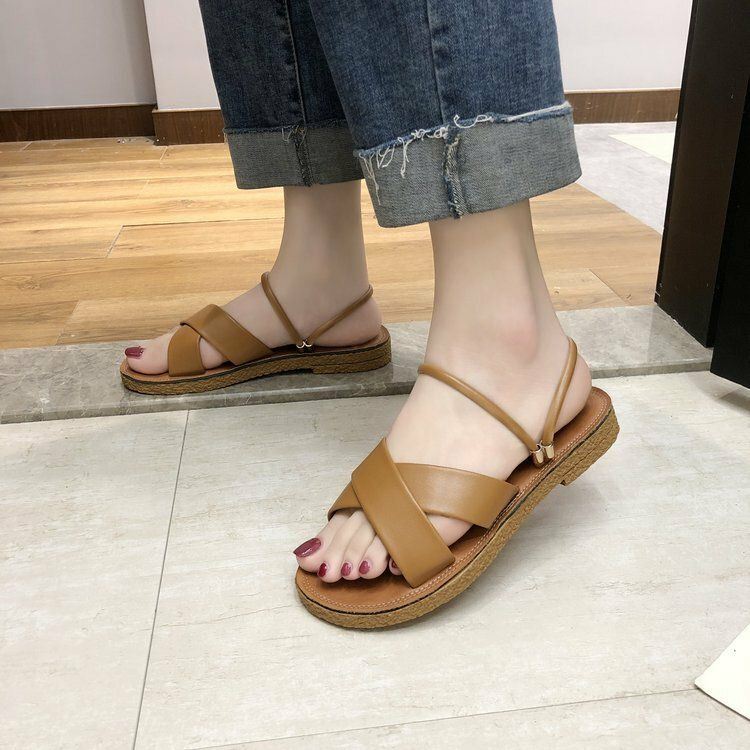 Dames Effen Kleur Cross Strap Flats Sandalen