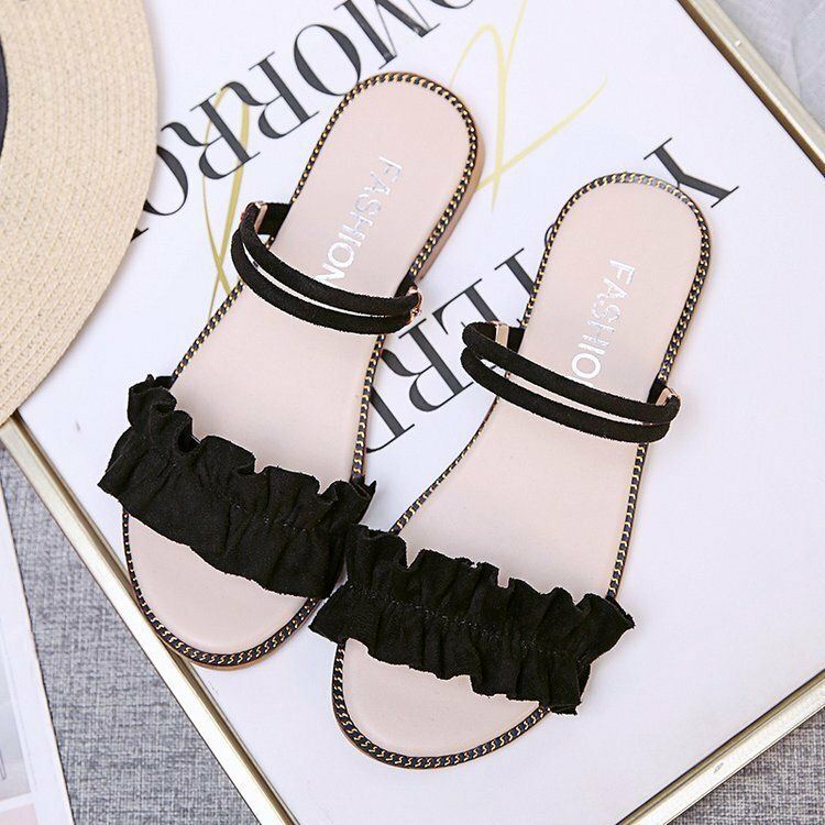 Dames Effen Kleur Dubbele Band Lace Band Flats Sandalen