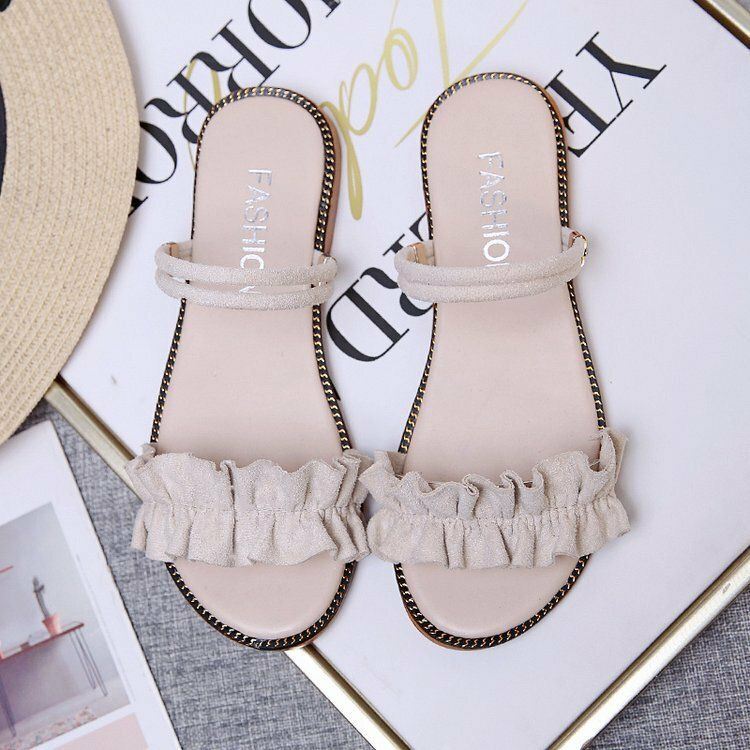 Dames Effen Kleur Dubbele Band Lace Band Flats Sandalen