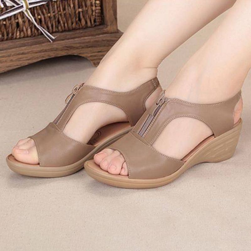 Dames Effen Kleur Front Zipper Wearable Casual Wedges Sandalen