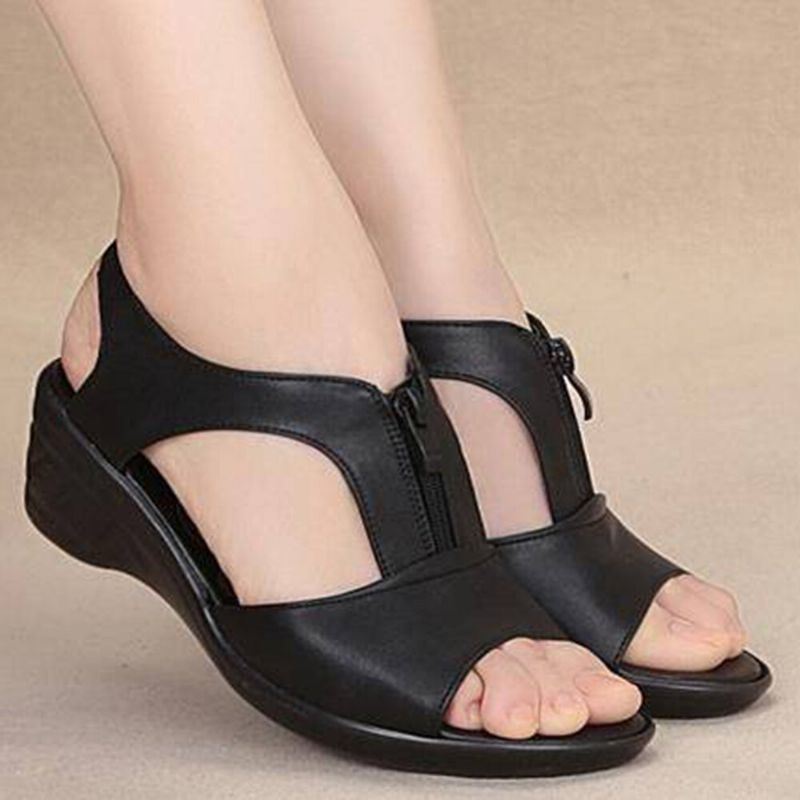 Dames Effen Kleur Front Zipper Wearable Casual Wedges Sandalen