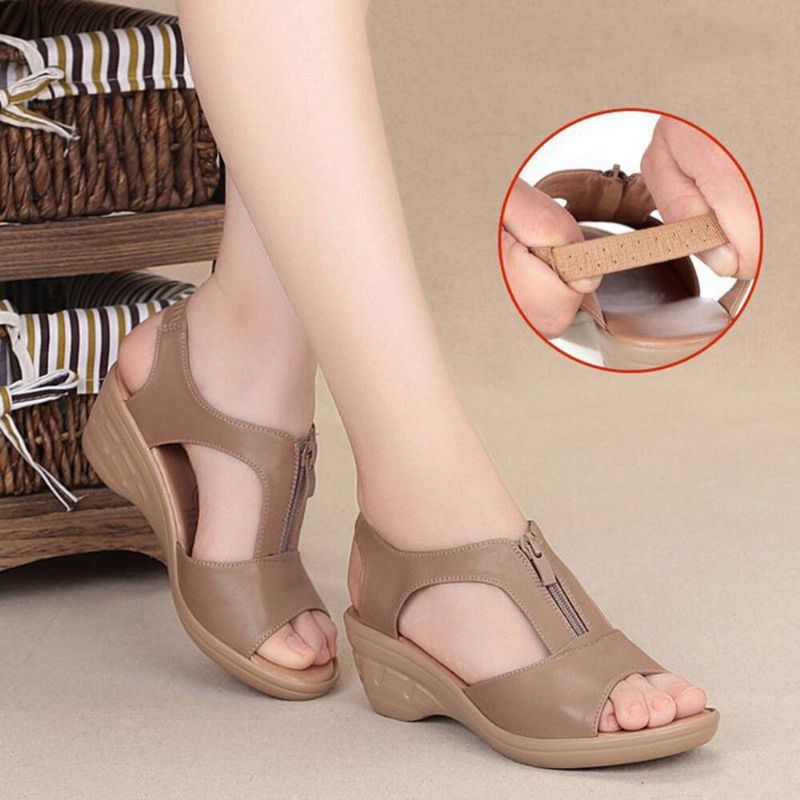 Dames Effen Kleur Front Zipper Wearable Casual Wedges Sandalen