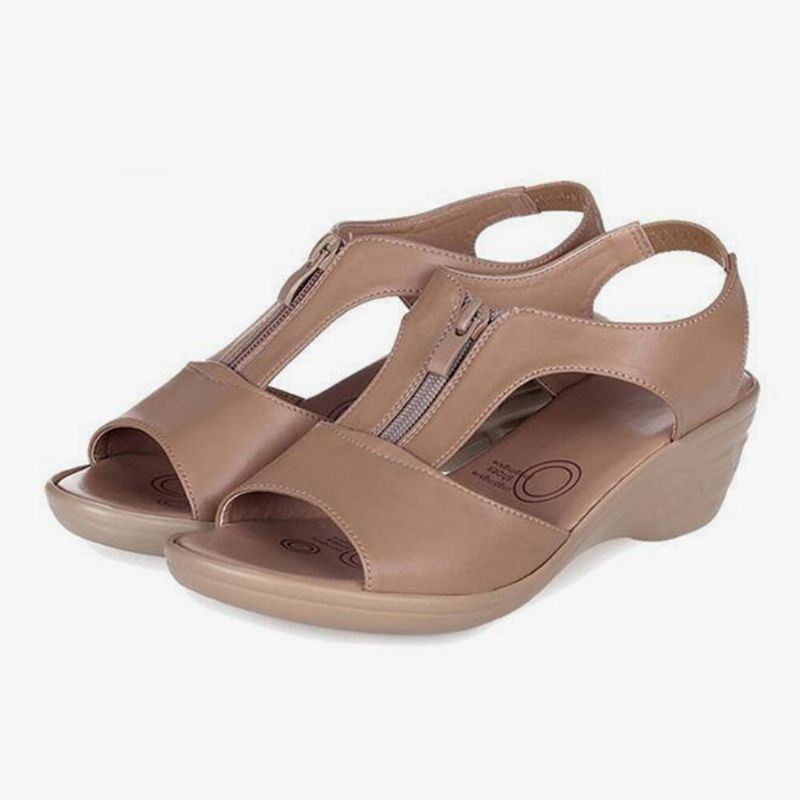 Dames Effen Kleur Front Zipper Wearable Casual Wedges Sandalen