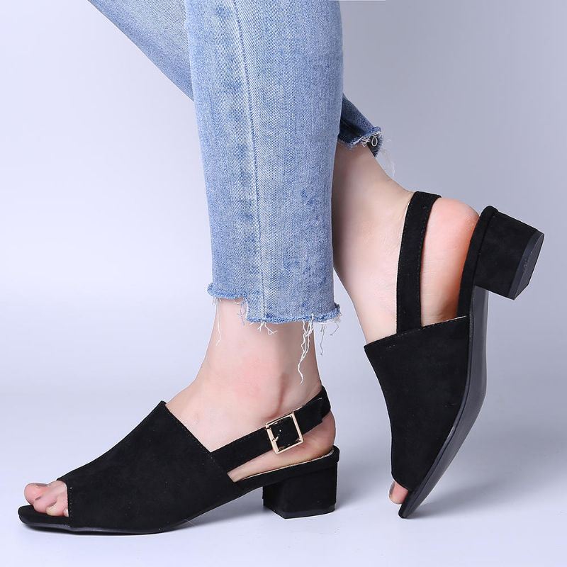 Dames Effen Kleur Suède Peep Toe Slingback Chunky Heel Casual Dagelijkse Sandalen Met Hak