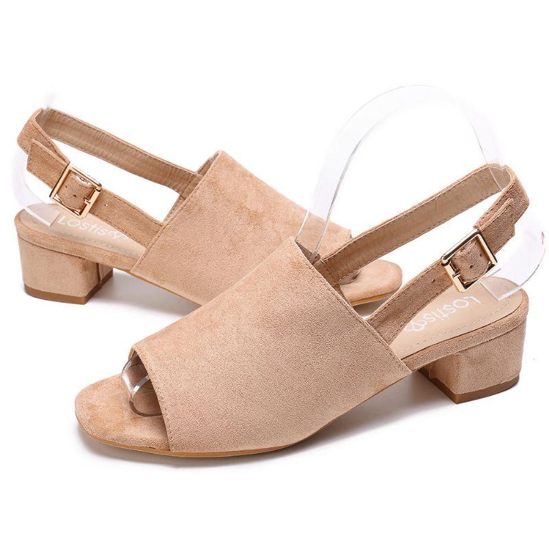 Dames Effen Kleur Suède Peep Toe Slingback Chunky Heel Casual Dagelijkse Sandalen Met Hak