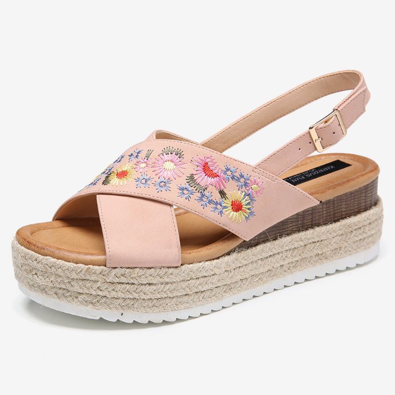 Dames Espadrilles Borduurwerk Bloemen Cross Strap Slingback Casual Platform Sandalen