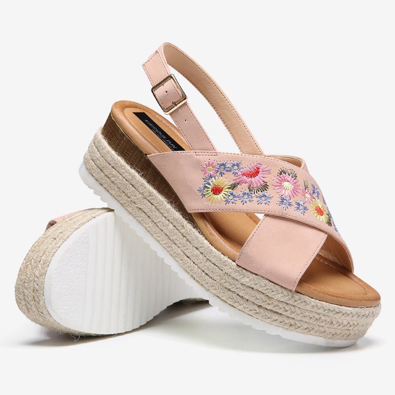 Dames Espadrilles Borduurwerk Bloemen Cross Strap Slingback Casual Platform Sandalen