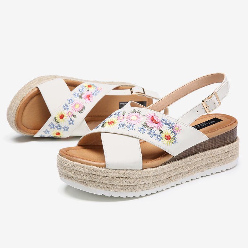 Dames Espadrilles Borduurwerk Bloemen Cross Strap Slingback Casual Platform Sandalen