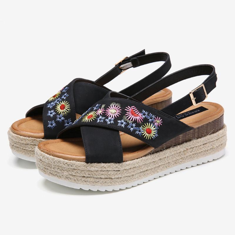 Dames Espadrilles Borduurwerk Bloemen Cross Strap Slingback Casual Platform Sandalen