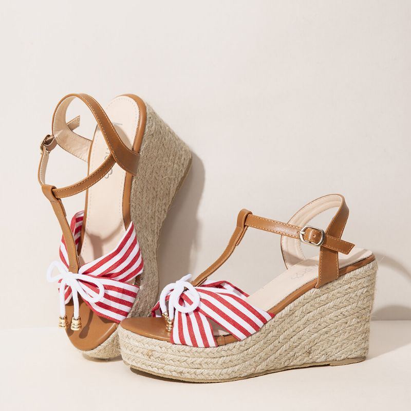 Dames Espadrilles Gestreepte T-band Cross Strap Casual Strand Wedge Sandalen