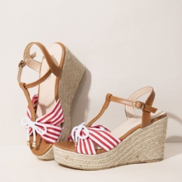 Dames Espadrilles Gestreepte T-band Cross Strap Casual Strand Wedge Sandalen