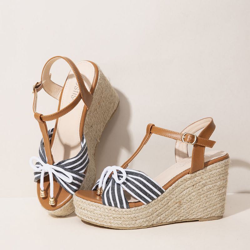 Dames Espadrilles Gestreepte T-band Cross Strap Casual Strand Wedge Sandalen