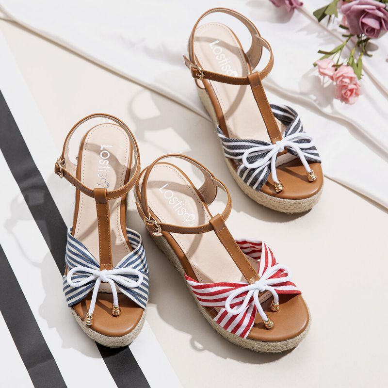 Dames Espadrilles Gestreepte T-band Cross Strap Casual Strand Wedge Sandalen