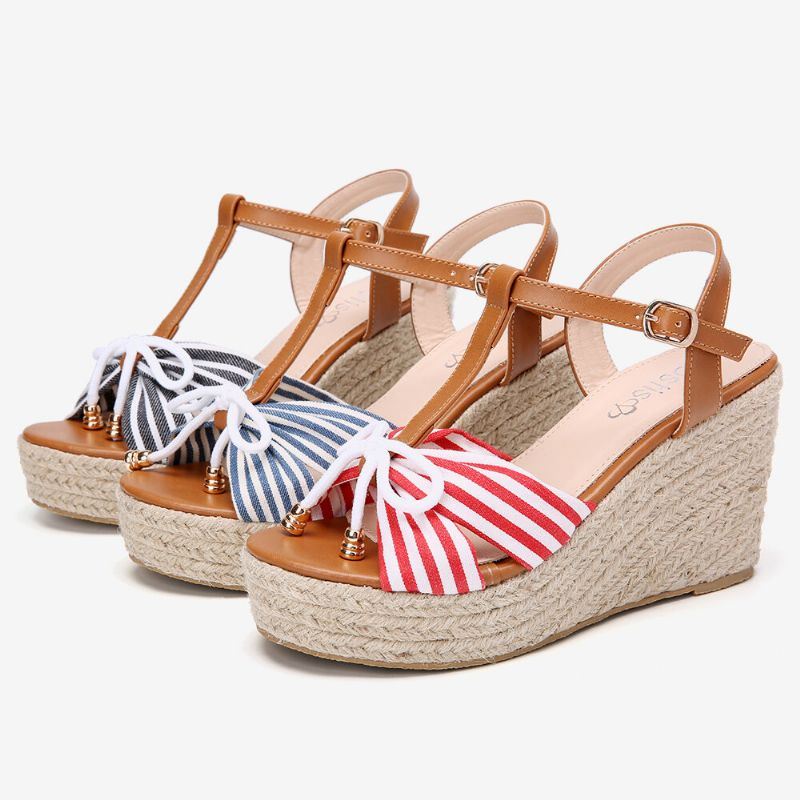 Dames Espadrilles Gestreepte T-band Cross Strap Casual Strand Wedge Sandalen