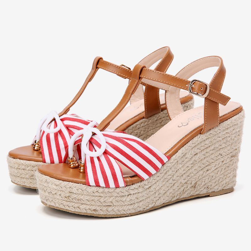 Dames Espadrilles Gestreepte T-band Cross Strap Casual Strand Wedge Sandalen