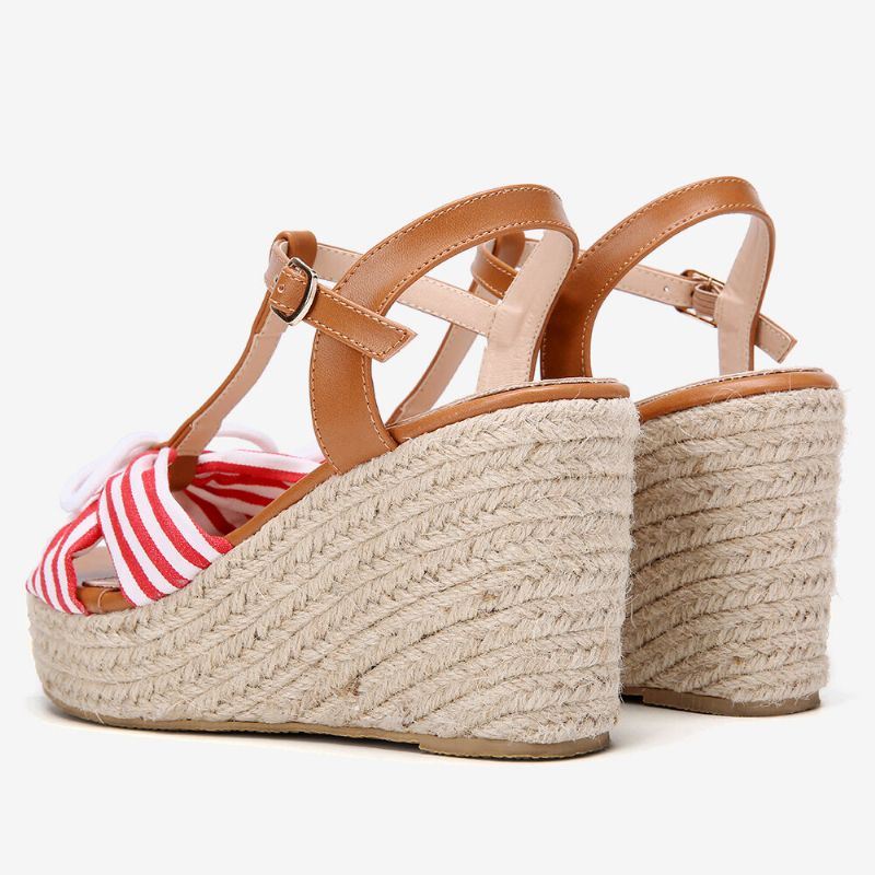 Dames Espadrilles Gestreepte T-band Cross Strap Casual Strand Wedge Sandalen