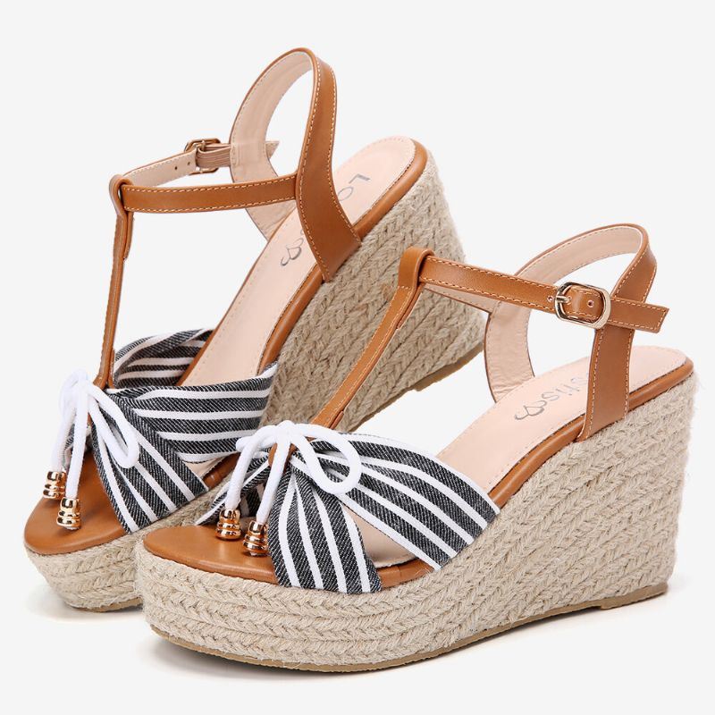 Dames Espadrilles Gestreepte T-band Cross Strap Casual Strand Wedge Sandalen