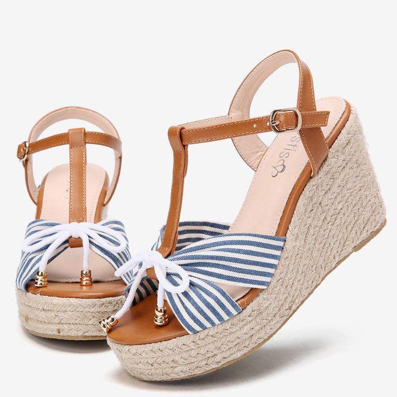 Dames Espadrilles Gestreepte T-band Cross Strap Casual Strand Wedge Sandalen