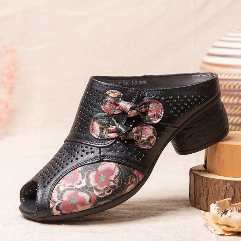 Dames Etnische Bloemen Strik Decor Hollow Out Bedrukt Rundleer Peep Toe Heel Sandas